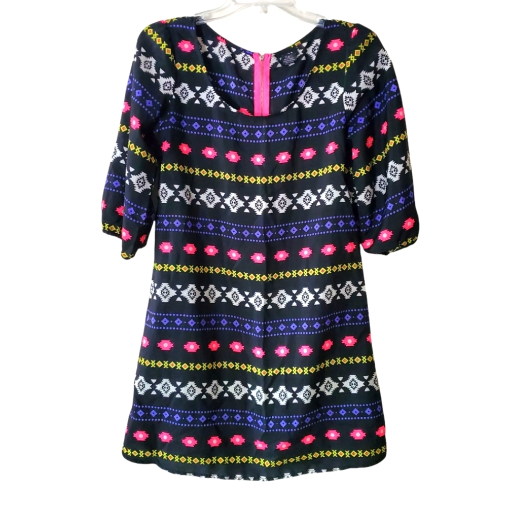 Women's‎ Rue 21 Black Aztec Print 3/4 Sleeve Zipper Back Dress Size Medium